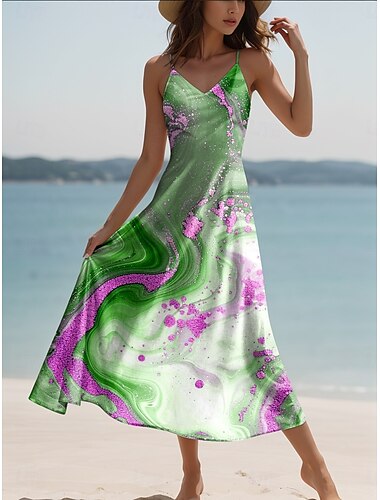  Damen Maxidress Casual kleid A Linie Kleid skims dress Elegant Urlaub Stilvoll Täglich Regular Fit Farbverlauf Abstrakt Marmordruck Ärmellos V Ausschnitt Kastanienbraun Königliches Blau Blau Purpur