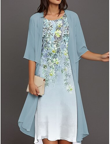  Abschlusskleider Midi Kleid Kleid Set Chiffon Kleid Shift Kleid elegant täglich lockere Passform Paisley halblange Ärmel Rundhals blau lila grün Sommer Frühling Herbst