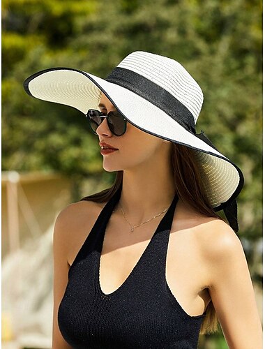  eleganter Sonnenhut mit breiter Krempe für Damen – Sommer-Strand-Strohhut mit schwarzer Schleife, UV-Schutz, faltbarer Schlapphut für Urlaub, Gartenpartys und Outdoor-Reisen