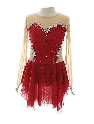  Eiskunstlaufkleid Damen Mädchen Eislaufen Kleid Burgund Patchwork Daumenloch Netzstoff Spandex Dehnbar Training Übung Professionell Eiskunstlaufkleidung Thermowarm Kristall / Strass Langarm Eislaufen