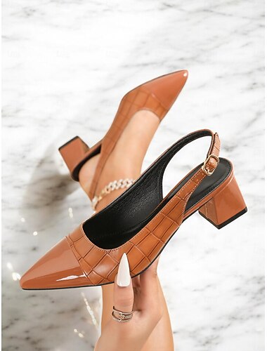  Damen-Slingback-Pumps aus Lackleder mit spitzer Zehenpartie – elegante Pumps mit Blockabsatz und Krokodilprägung für Büro, Party und formelle Anlässe