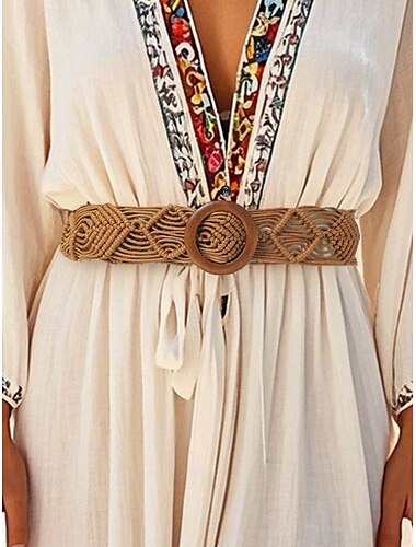  Cinturón bohemio de macramé para mujer: cinturón ancho hecho a mano con hebilla de madera, estilo vintage chic para vestidos, conjuntos casuales y ropa de playa de verano.