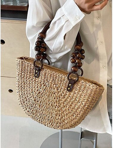  Handgefertigte Einkaufstasche aus gewebtem Stroh für Damen – Boho-Sommer-Strandhandtasche mit Griffen aus Holzperlen, lässige Umhängetasche mit großem Fassungsvermögen für Urlaub, Shopping und Reisen