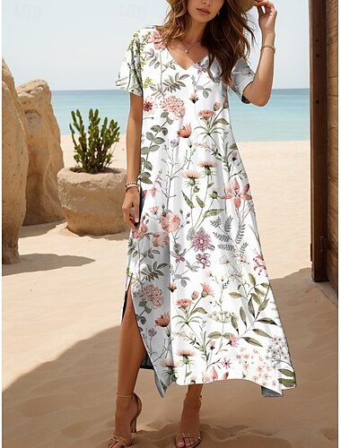  Dames Maxi-jurk Casual jurk Zonnejurk A lijn jurk Vakantie Casual Strand Normale pasvorm Bloemig Grafisch Korte mouw V-hals Wit Zomer Lente