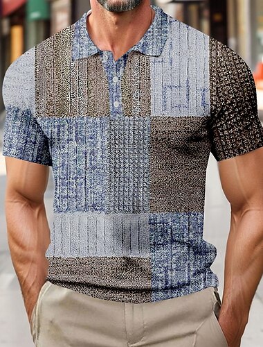  Herre Fargeblokk Vaffel poloskjorter Kortermet Poloskjorter Skjorter med krage Business Casual Virksomhet treningsklær Dagligdagstøy Knapper 3D-utskrift Sommer Blå Lilla Brun