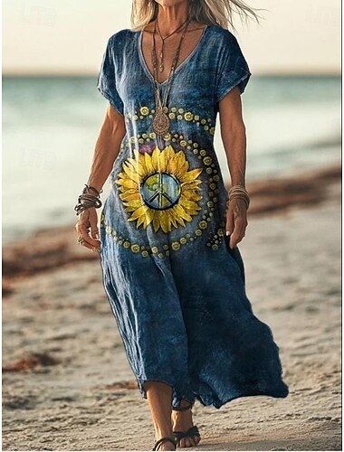  Damen Maxikleid Paisley-Kleid Freizeitkleid Langärmliges Boho-Kleid A Linie Kleid Bohemien Urlaub Vintage Urlaub Täglich Normale Passform Blumen Kurzarm V Ausschnitt Rosa Marineblau Blau Violett