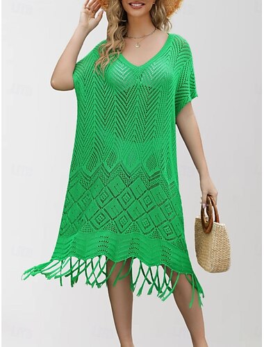  Frauen Badeanzüge Cover Up Swim Kleid Badeanzug Cut Out Fransen Urlaub Strandmode Einfarbig V-Ausschnitt Kurzärmelige Badeanzüge