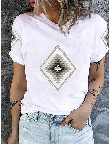  Per donna Top estivi Grafico Tribale Moda Western Casual Manica Corta Girocollo Top Regolari Quotidiano Uscire Weekend Patchwork Stampato Bianco Estate Primavera