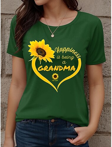  母の日 女性用 Tシャツ フラワー グラフィック レタード カジュアル 半袖 ラウンドネック レギュラートップス 日常 プリント ブラック ホワイト グリーン 夏