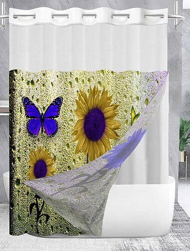  Jacquard Blumen Punkt Duschvorhang-Set mit Snap-in Liner und transparenter Fenster wasserabweisender Polyester ohne Haken Ösen-Top 120 GSM Doppel-Lagen Hotel Spa Badezimmertrennwand