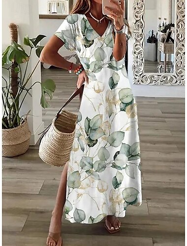  Damen Maxikleid Freizeitkleid Sommerkleid A Linie Kleid Bohemien Urlaub Vintage Urlaub Täglich Normale Passform Blumen Grafik Kurzarm V Ausschnitt Weiß Blau Grün Sommer