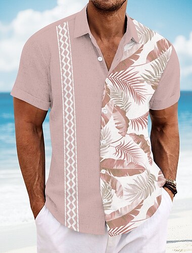  Herre Geometrisk Palmeblad Tropiske Planter Skjorte Guayabera skjorte Hawaii skjorte Kortærmet Hawaiiansk Ferierejse Hverdag Strand Tøj Sommer Forår Aftæpning Knap op krave skjorter Lyserød Blå Lilla