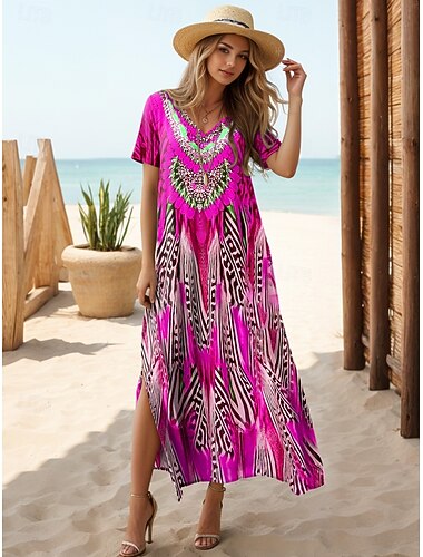  Per donna Abito maxi Vestito Estivo Abito a trapezio Abito Estivo Vacanza Casual Quotidiano Vestibilità regolare Grafico Tribale Manica Corta Scollo a V Blu Viola Arancione Estate
