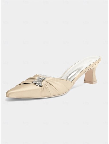  Damen-Pantoletten mit goldener Satinschleife und Kitten-Heel-Absatz – elegante Slipper mit spitzer Spitze für den Abend und die Verabredung am Abend