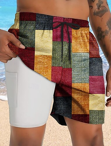  Homme Bloc de Couleur Patchwork Short doublé Short de bain 2 en 1 Shorts de bain Taille Moyenne Hawaïen Vacances Fête Tenue de plage Poches Latérales Avec doublure de compression Taille élastique