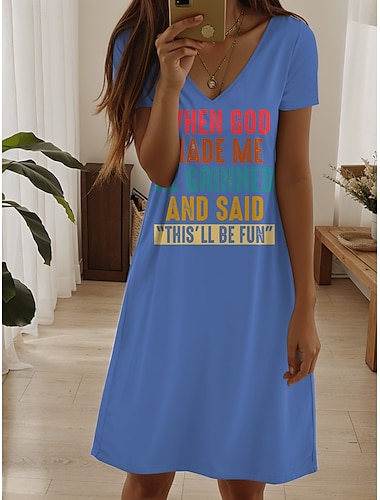  Damen Minikleid T-Shirt-Kleid A Linie Kleid Sommerkleid Lässig Täglich Date Normale Passform Grafik Buchstabe Kurzarm V Ausschnitt Schwarz Weiß Blau Purpur Sommer
