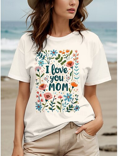  母の日 女性用 Tシャツ 幸福 フラワー お母さん スタイリッシュ カジュアル 半袖 ラウンドネック レギュラートップス 日常 週末 プリント ホワイト オフホワイト 夏 春