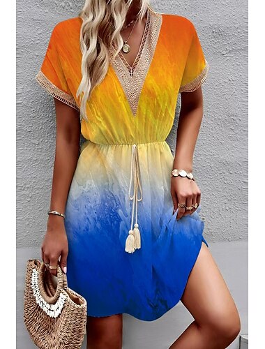  Mujer Mini vestido Vestido bohemio Vestido Estampado Moda Clásico Diario Festivos Fin de semana Ajuste regular Flor Manga Corta Escote en Pico Blanco Naranja Verde Trébol Verano