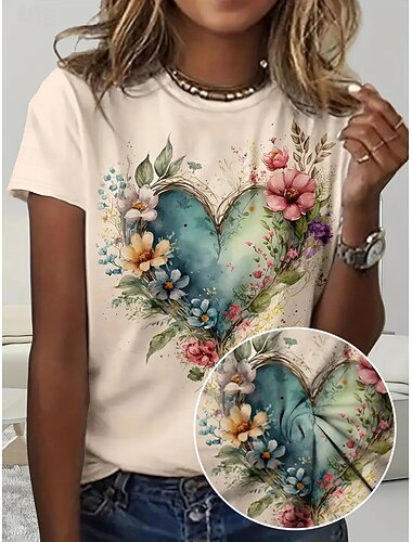  Women's T Shirt Summer Tops Heart Graphic Classic Casual Short Sleeve Crew Neck Crop Tops Daily Weekend Print Rainbow Summer Spring Fall