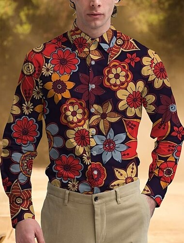  Retrò Vintage Anni '70 Camicia Camicia Aloha Hippie Floreale Per uomo Mascherata Feste Abbigliamento quotidiano Parata dell'Orgoglio Adulti Camicia