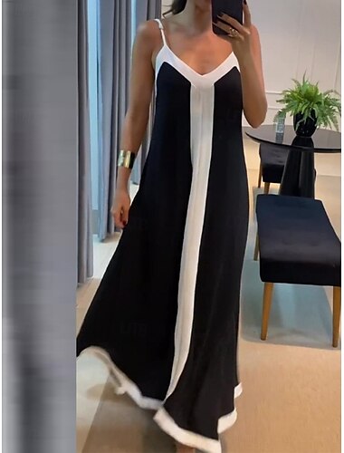  Damen Maxi Kleid A-Linien Kleid Einfarbig Schlüpf Kleid Off The Shoulder Kleid Lässig Outdoor Ausgehen Reguläre Passform Grafik Ärmellos Spaghettiträger Schwarz Sommer