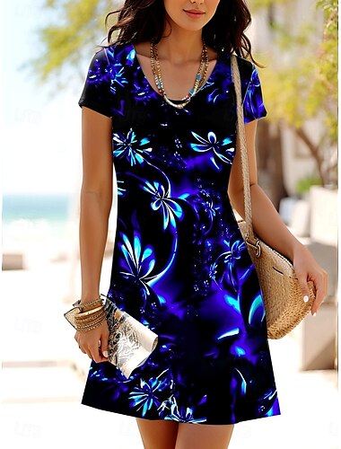  Dames Mini-jurk T shirt jurk A lijn jurk Zomerjurk Casual Dagelijks Normale pasvorm Bloemig Grafisch Korte mouw Ronde hals blauw Fuchsia Groen Zomer Lente