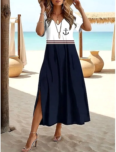  Dam Maxiklänning T shirtklänning Solklänning Skiftklänning Sommarklänning bohemliv Fest Helgdag Strand Formpassad Grafisk Geometrisk Årgång Kortärmad Rund hals Marinblå Sommar Vår
