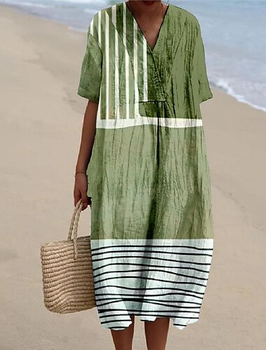  Damen Midikleid Sommerkleid Urlaub Lässig Strand Täglich Ausgehen Lässiger Schnitt Grafik Geometrisch Kurzarm V Ausschnitt Blau Purpur Orange Grün Sommer