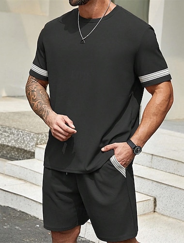  Per uomo Tuta Da Ginnastica Set di abiti Pantaloncini Girocollo Esterno Giornaliero Sport Tasche A cordoncino 2 pezzi Color Block A strisce Nero Viola Cachi Poliestere Abbigliamento sportivo Classico