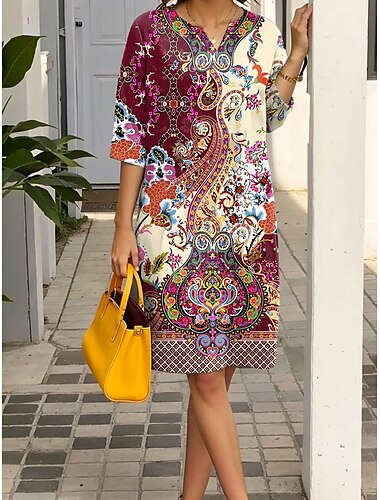  Robe Mini Femme Robe Shift Formelle Vacances Quotidienne Coupe Régulière Graphique Paisley Manches 3/4 Col en V Rouge Violet Vert Été Printemps