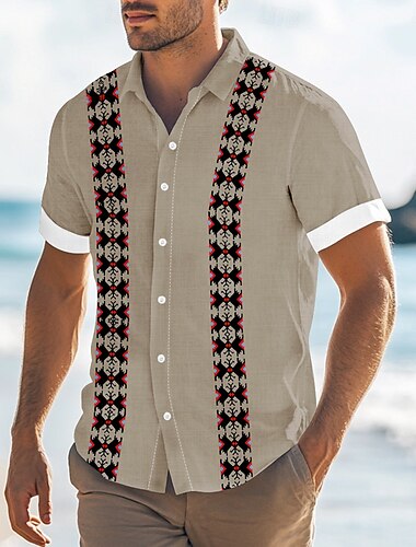  Herren Geometrisch Ethnisch Hemd Guayabera Hemd Knopfhemd Kurzarm Modisch lässig Urlaub Alltagskleidung Strandbekleidung Sommer Frühling Umlegekragen Hemden mit Kragen Cachi scuro Weiß Blau