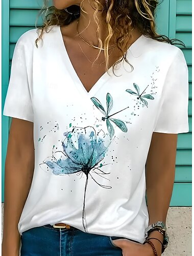  Dames T-shirt Bloemig Grafisch Casual Korte mouw V-hals Normale tops Dagelijks Afdrukken Wit Lichtgroen Zomer Lente