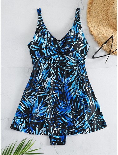  Damen Badeanzüge Einteiler Monokini Badeanzug Rückenfrei Bauchkontrolle Hohe Taille Slim Urlaub Strandmode Blätter V-Ausschnitt Ärmellos Bademode