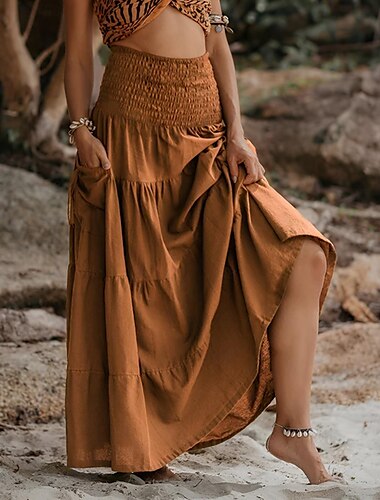  Rétro Vintage Médiéval Renaissance Maxi Jupe Ren Faire Vikings Elfe Taille Élastique Inspiré de la Régence Couleur Unie Femmes Fantaisie Mascarade Vacances Décontracté Quotidien LARP Adulte Jupe
