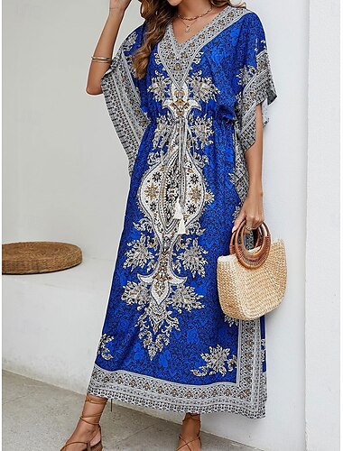  Damen Midikleid Wickelkleid Böhmen Brautkleider schlicht Fledermaus Ärmel Urlaub Täglich Strand Lockere Passform Graphic Kurzarm V Ausschnitt Rote Blau Sommer