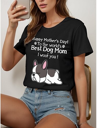  母の日 女性用 Tシャツ コットンシャツ お母さん グラフィック 犬 カジュアル 半袖 ラウンドネック レギュラートップス 日常 プリント ブラック ホワイト 夏