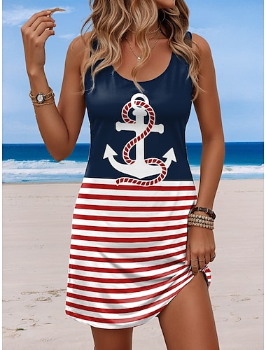  Damen Mini Kleid Petite Kleid Petite Kleid Strandkleid A-Linie Kleid Tank Kleid Freizeit Urlaub Täglich Strand Lockerer Schnitt Herz Rose Flagge ärmellos Rundhals Weiß Rot Königsblau Blau Sommer