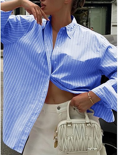  Camisa de mujer a rayas estilo casual de manga larga cuello regular tops diarios botones impresión rosa azul verde verano primavera