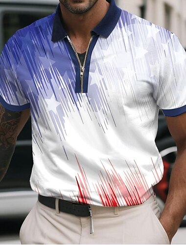  Herren Amerikanische US-Flagge Poloshirts mit Reißverschluss Kurzarm Polo-Shirts Hemden mit Kragen Lässig Athleisure Alltagskleidung 3D-Druck Sommer Rote Marinenblau Himmelblau