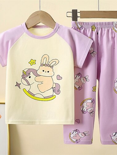  kinderkleidung Mädchen Ostern Pyjama-Sets Kurzarm Hellrosa Weiß Gelb Hase Kaninchen Sommer bezaubernd Heim 4 Jahre +