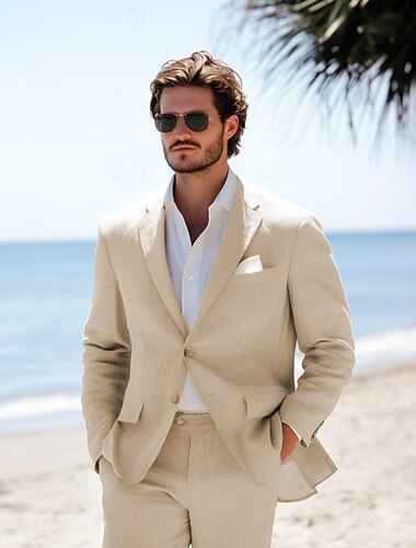  Masculino Smoking ternos de linho casamento na praia cáqui Primavera / Outono / Inverno / Verão Terno Leve Casual Cor Sólida Padrão Conjunto de 2 peças Comum 2 Botões