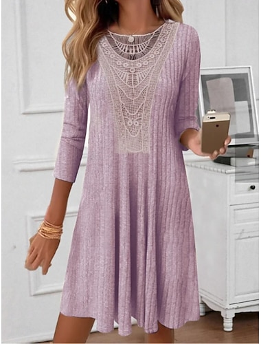  Damen Mini Kleid A-Linie Kleid T-Shirt Kleid Tee Kleid Freizeit Outdoor Täglich Feiertags Reguläre Passform Einfarbig Lange Ärmel Rundhalsausschnitt Lila Beige Sommer
