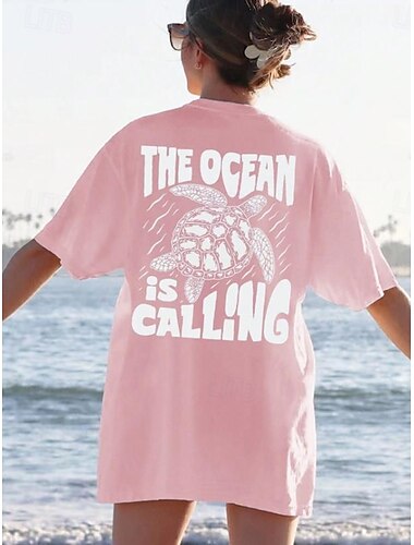  Damen T Shirt Grafik Buchstabe Meeresschildkröte Tropisch Mode Stilvoll Kurzarm Rundhals Normale Oberteile Täglich Ausgehen Wochenende Druck Rosa Himmelblau Rosa Sommer Frühling