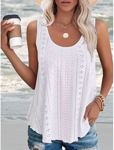  Damen Camisole-Tanktop Einfarbig Elegant Lässig Ärmellos Rundhalsausschnitt Normale Oberteile Täglich Ferien Lochmuster Weiß Rosa Purpur Sommer