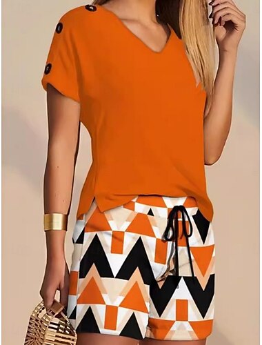  Zwei Teile Damen Mode Straßenbekleidung tägliche Shorts Sets Kurzarm V-Ausschnitt Geometrisch Einfarbig Drawstring Druck Freizeit Täglich Gelb Blau Orange Sommer Reguläre Passform