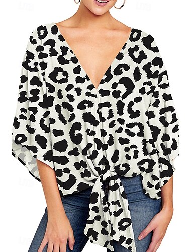  Dames Overhemd Blouse Grafisch Luipaard Casual Korte mouw V-hals Normale tops Feestdagen Uitgaan Afdrukken Luipaard Zwart Wit Geel Lente