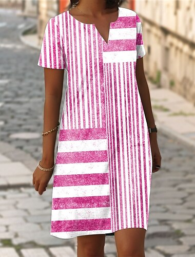  Damen Mini-Kleid Shift Kleid Freizeit Täglich Reguläre Passform Grafik Streifen Kurzarm Eingekerbter Ausschnitt Rosa Blau Grau Sommer Frühling