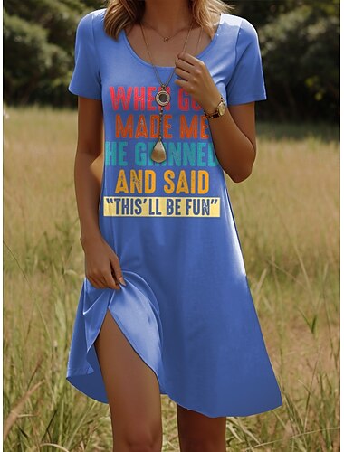  Damen God Minikleid T-Shirt Kleid Tee Kleid A-Linie Kleid Sommerkleid Urlaub Casual Daily Regular Fit Buchstaben Kurzarm Rundhals Schwarz Weiß Rosa Blau Sommer Frühling