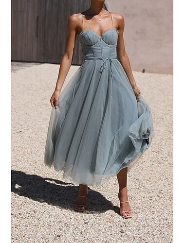  Damen Midikleid Cocktailkleid Kleid für Hochzeitsgäste Chiffonkleid Unterkleid Klassisch Täglich Ferien Wochenende Normale Passform Einfach Ärmellos Spaghettiträger Schwarz Rosa Leicht Blau Sommer
