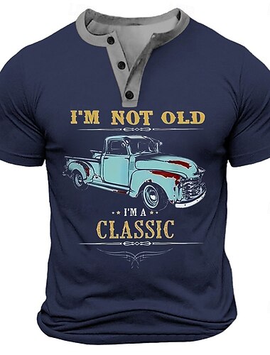  Муж. Автомобиль 'CLASSIC' Футболка Рубашка Хенли С короткими рукавами Ретро Для улицы Повседневные Лето Весна Черный Белый Темно синий Военно-зеленный Хенли Футболка Хенли